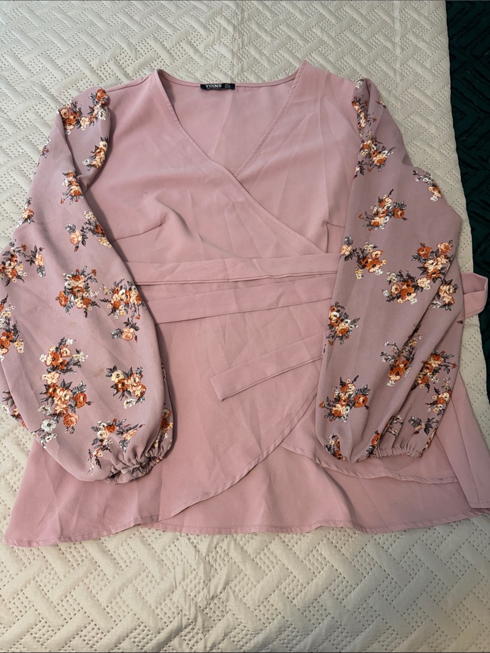 YOINS Dusty Pink Floral Wrap Blouse